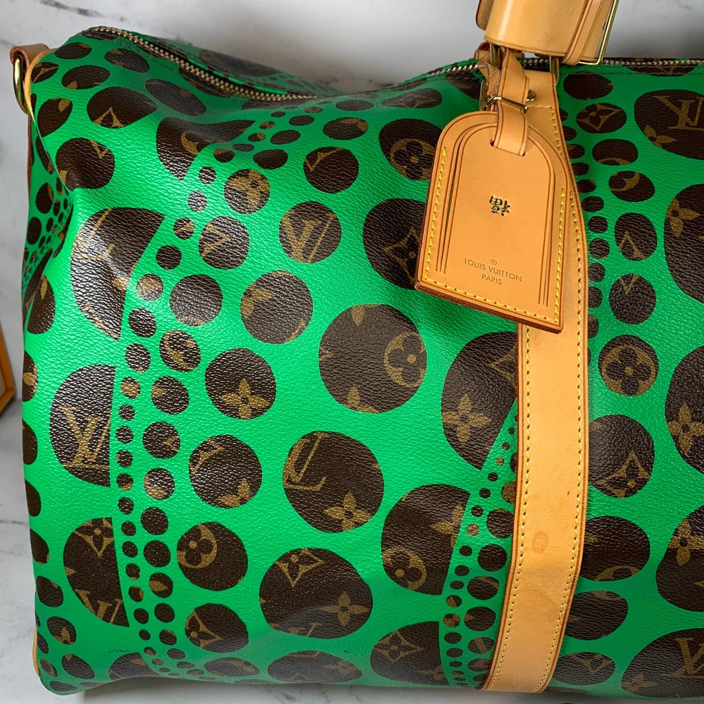 ❌❌ Louis Vuitton Kusama Keepall 55 Green bandouliere travel vintage bag LV RARE - Picture 6 of 15
